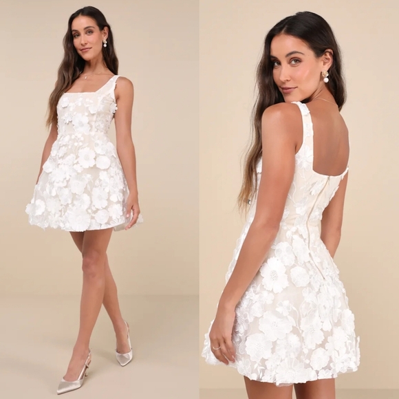 Lulus Divine Intentions White 3D Floral Embroidered Skater Dress S Party Formal - Picture 1 of 10